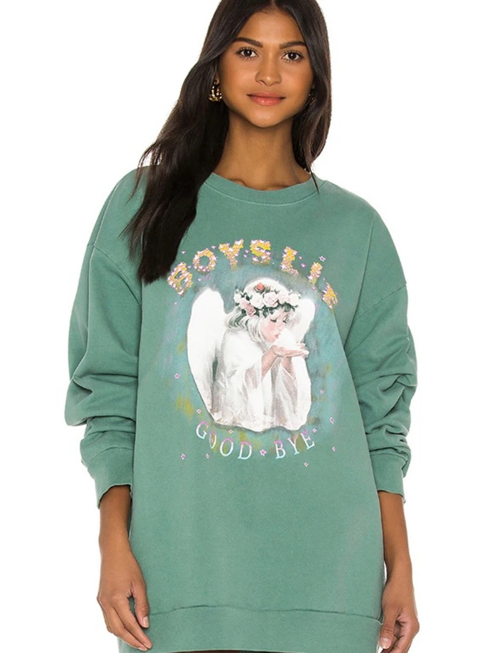 Boys Lie Green Graphic Crewneck Sweater with Angel Motif